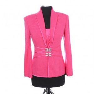 ST JOHN BUBBLEGUM PINK KNIT JACKET WITH SATIN TRIMS AND DIAMOND CRYSTAL CLASP